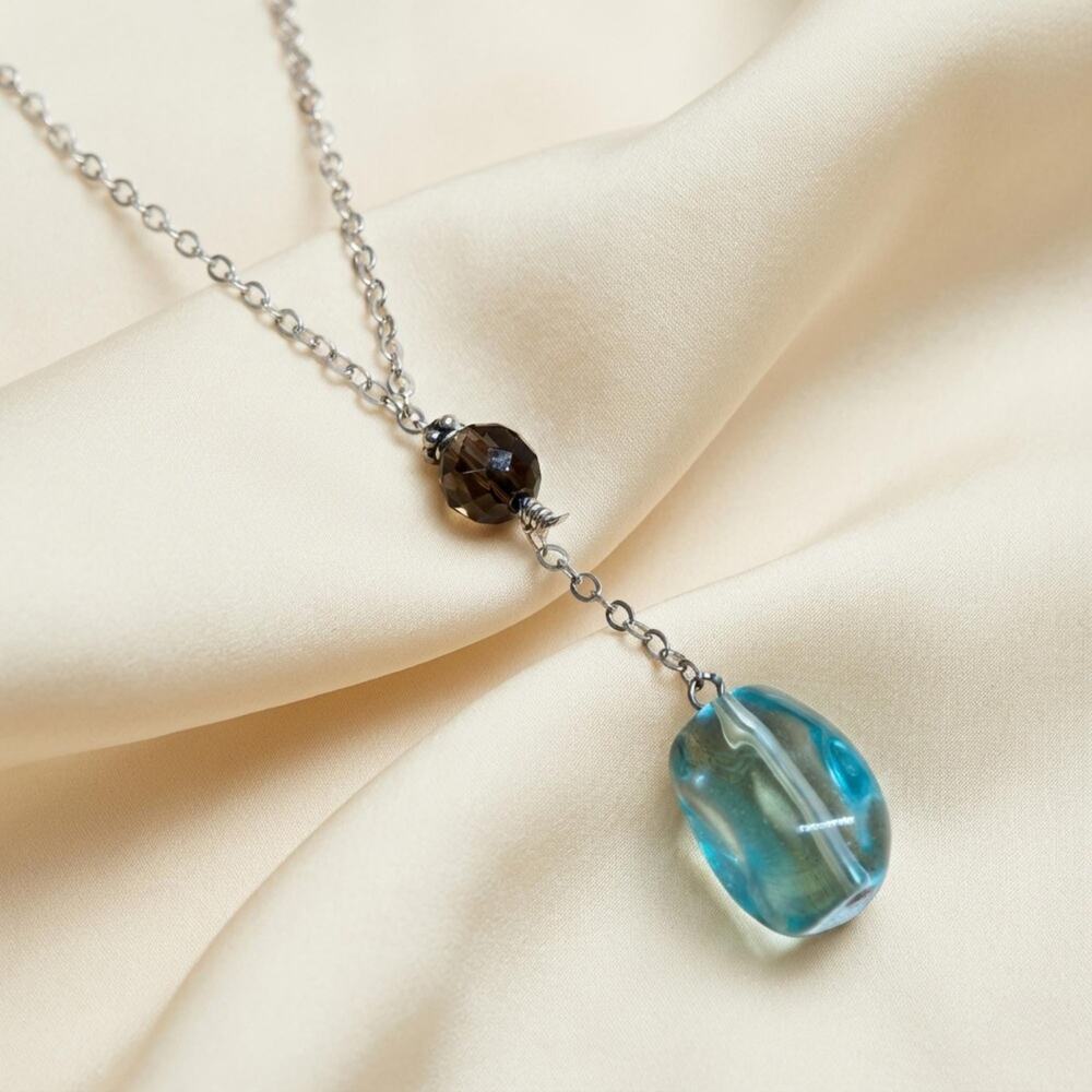 Vintage Liz Henry Sterling Silver Aquamarine and Brown Bead Pendant Necklace
